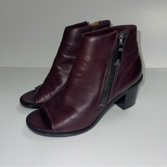 Frye Peep Booties Women's Size 6.5‎ US Wine Leather Heeled Ankle Boots BRIELLE - Picture 2 of 12